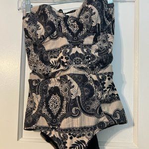 Black and cream floral one-piece bathing suit